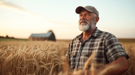 Elderly man wearing a cap standing in a wheat field at sunset with a barn in the background, showcasing agricultural lifestyle and rural landscape.