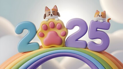 Naklejka premium 2025 New Year greeting card featuring pets and a paw print with colorful 2025 numbers on a rainbow background. Animals, pets, and New Year theme. Ideal for banners and pet-themed promotions. 
