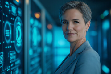 Technology expert in modern data center with bright blue interface. Generative AI