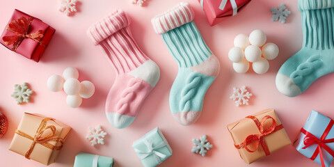 Festive socks and gifts flatlay in cheerful pink and blue tones
