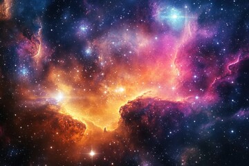 Obraz premium A colorful nebula with stars and galaxies in a cosmic background.