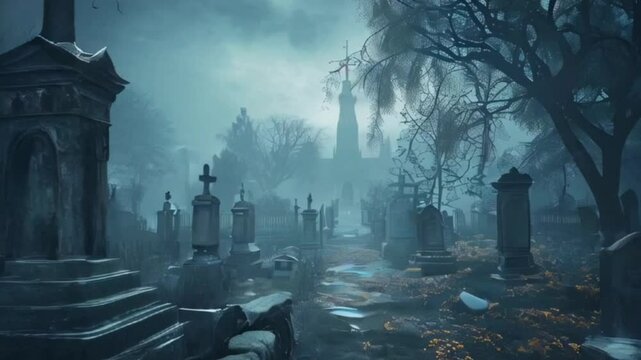 Fantastically mysterious cemetery with tombstones and terribly atmosphere