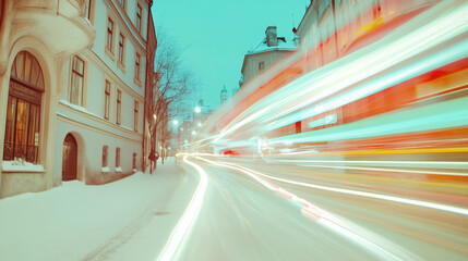Fototapeta premium vibrant city street at night, illuminated by colorful light trails from passing vehicles, surrounded by snow covered buildings. scene captures dynamic urban atmosphere