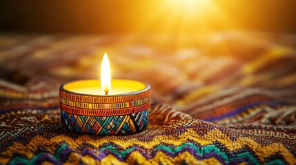 A colorful candle flickers gently on a patterned fabric, illuminated by warm sunlight, creating a serene and cozy atmosphere.