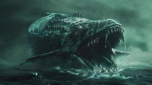 Terrifying scary sea monster in dark depths of deep ocean