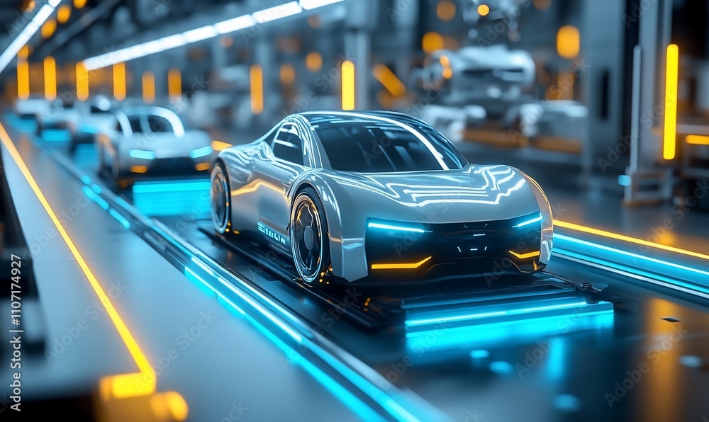 Aufkleber futuristic car on an assembly line in a high-tech factory.