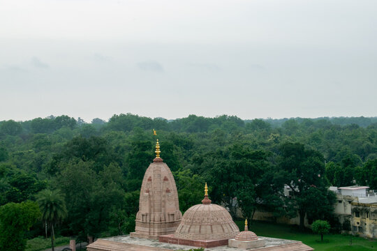 Aerial view of a serene temple with beautifully carved domes and golden spires, surrounded by lush green trees. The tranquil setting reflects spirituality and harmony with nature in hastinapur india.