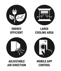 Cooling area, Adjustable direction, less power - monochrome icons in circular shape