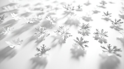Obraz premium Scattered snowflakes in 3D, randomly placed on a bright white surface with delicate shading