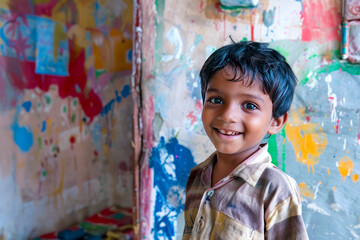 A young Indian boy helps his parents paint the walls of their home, his enthusiasm for DIY projects sparking joy and unity, his contribution adding character to their abode.