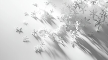 Simple yet elegant 3D render of snowflakes drifting on a minimal white surface with shadow play