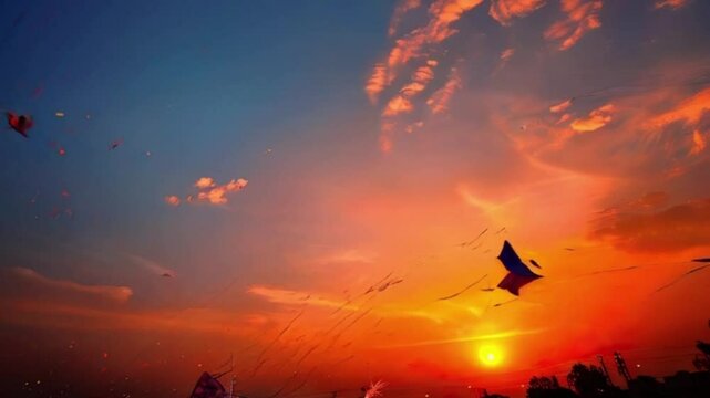 Colorful kites soaring high above sky on holiday composition