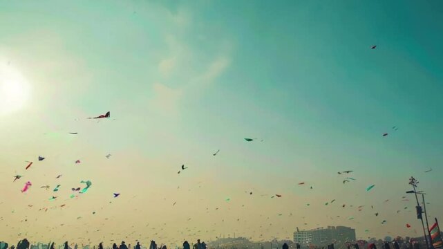 Colorful kites soaring high above sky on holiday composition