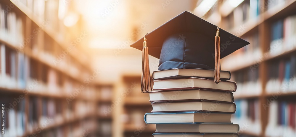 Aufkleber graduation cap on a stack of books in a library setting.
