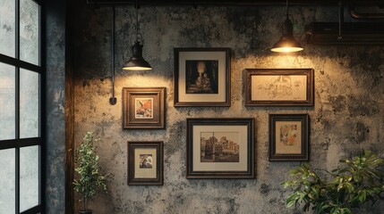 A creative wall lamp mockup mounted on a textured wall, illuminating a gallery of framed artworks and photographs, enhancing the decor