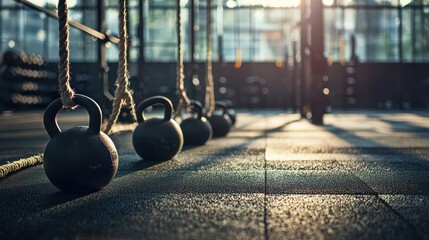 A CrossFit training area with various equipment like kettlebells, ropes, and barbells set up for a session.
