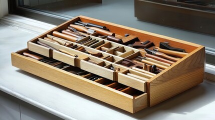 Wooden Tool Chest with Hand Tools and Drawers