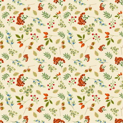 autumn pattern, acorns, berries, blue, red, leaves, autumn, November, pattern, aesthetics, watercolor, background, background picture, texture, seamless