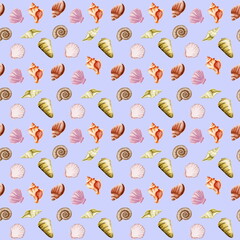 marine, sea, coast, pattern, shells, scallop, ocean, underwater, nature, watercolor, object, pastel, background, backdrop, background picture