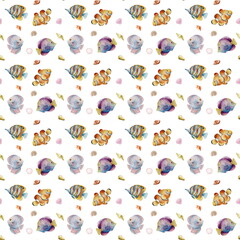 sea pattern, sea, ocean, fish, shells, underwater world, coral reefs, red sea, sea fish, pattern, aesthetics, watercolor, background, background image, texture