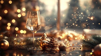 Elegant glass of sparkling wine amidst festive Christmas decorations and warm glowing lights.