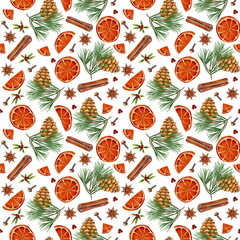 Christmas, pattern, spices, cinnamon, cloves, star anise, Christmas tree, orange, cone, holiday, winter, cozy, aesthetic, greenery, aesthetics