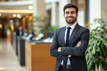 Fototapeta premium Confident businessman standing with crossed arms in a modern hotel lobby. Generative AI