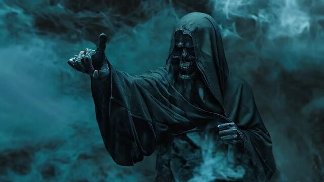 Scary grim reaper with sharp scythe in hell with dramatic background