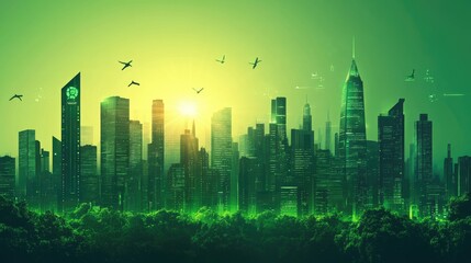 Obraz premium Futuristic cityscape with lush greenery and modern skyscrapers under a vibrant green sky.