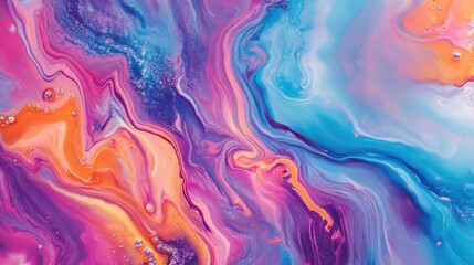 Vibrant abstract painting with swirling pink, orange, and blue colors.