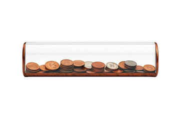 Transparent coin container filled with various coins, showcasing mix of colors and sizes. Ideal for financial themes or savings concepts. isolated on transparent background