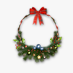 Christmas wreath with a bow and ornaments on white background. 3D render.