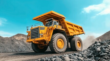 Large yellow mining dump truck transporting stones on a road in an open-pit mine under a clear blue sky.
