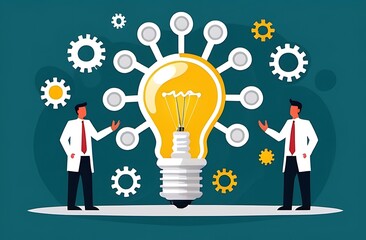 Innovation or product development, idea or solution to solve business problem, invention or technology creation to build new product, efficiency concept, businessman build gear in lightbulb idea.