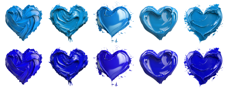 2 Collection set of dark light blue, love heart shape blob paint ink liquid smear smudge swatch cream gel wax on transparent cutout, PNG file. Many different design. Mockup template artwork