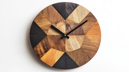 Wooden Clock with Geometric Pattern and Black Hands