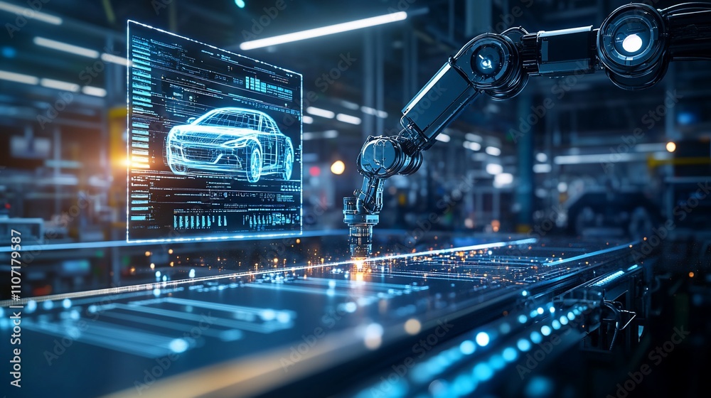 Aufkleber Robotic arm assembling a futuristic car in a high-tech factory setting.