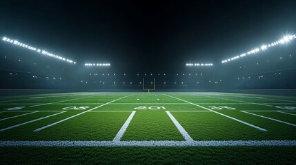 Empty American football field at night with goal post in the center, illuminated by stadium lights.