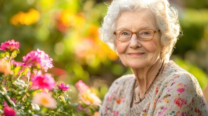 A dignified senior portrait of an elderly woman in a garden, surrounded by blooming flowers, radiating joy and wisdom