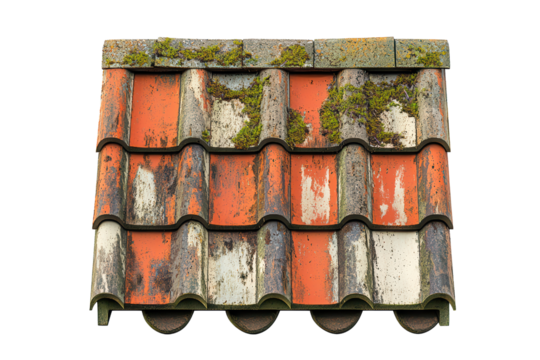 Old roof tiles with moss and weathered texture, showcasing rustic charm and natural aging. isolated on transparent background