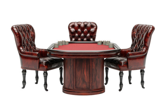 Luxurious poker table with red felt and elegant leather chairs, perfect for high stakes games. isolated on transparent background