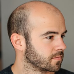 Obraz premium Profile of a young Caucasian man with a beard and bald head, showcasing a thoughtful expression.