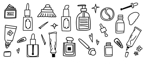 Set of hygiene and makeup elements. Doodle icons for stickers.