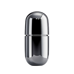 Sleek silver capsule container with shiny metallic finish, ideal for storage. isolated on transparent background