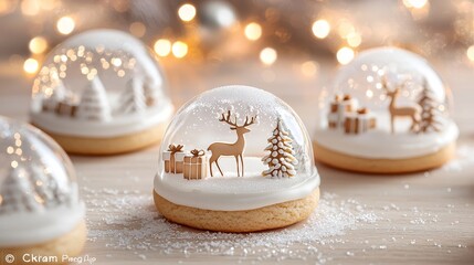 Snow globe cookies featuring a clear sugar dome, with a whimsical scene of a reindeer and Christmas presents surrounded by sparkling snow