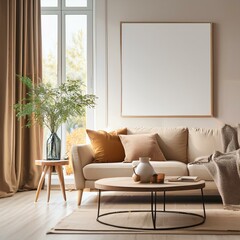 Fototapeta premium Stylish Living Room Mockup Sofa, Table, and Window