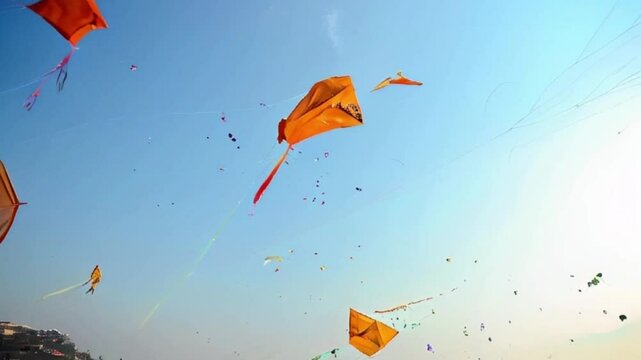 Colorful kites soaring high above sky on holiday composition