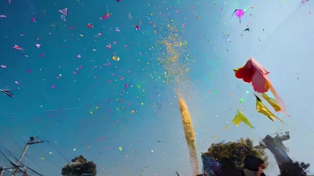 Colorful kites soaring high above sky on holiday composition