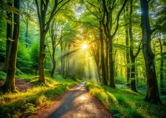 Obraz premium Tranquil Pathway Leading into a Lush Green Forest Surrounded by Tall Trees and Sunlight Filtering Through the Leaves, Perfect for Nature Lovers and Outdoor Enthusiasts