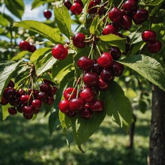 Obraz premium A bunch of cherries hanging on the tree during summer.